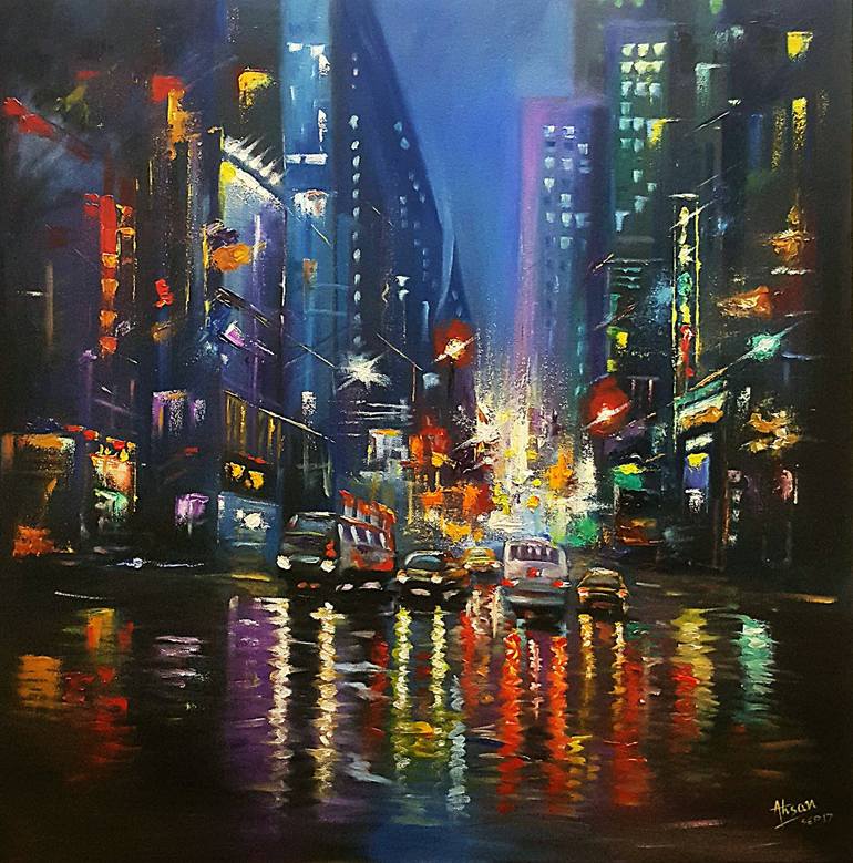 Original Cities Painting by Ahsan Khan | Abstract Art on Canvas | Reflection of the Night