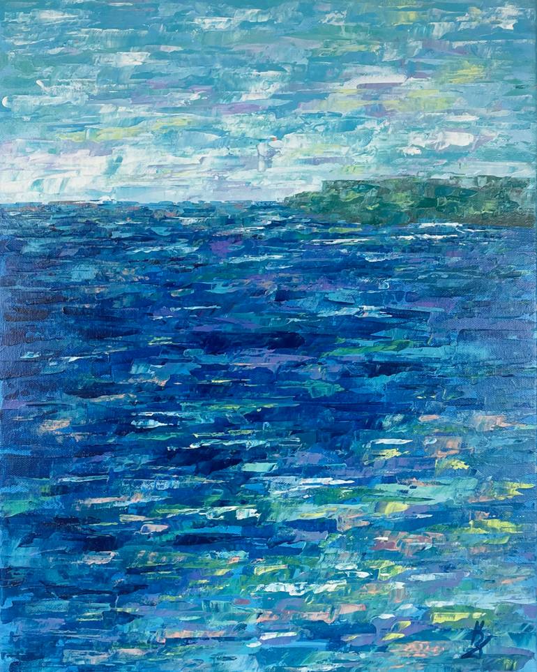 Original Seascape Painting by Katerina Kazkarty | Abstract Expressionism Art on Canvas | Sun shimmer. Deep blue