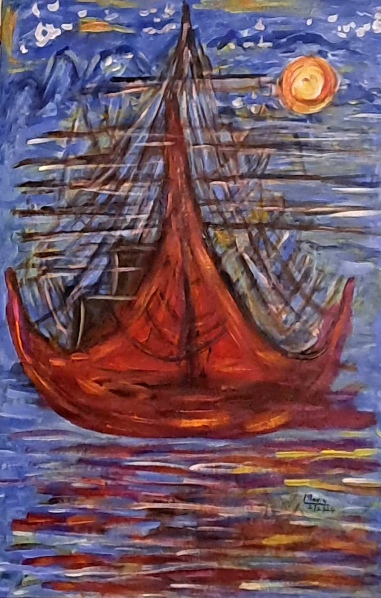 Original Surrealism Boat Painting by Maria Joseph