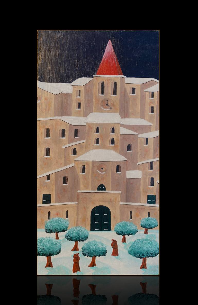 Original Landscape Painting by Mia Valiante | Conceptual Art on Wood | "The Little Red Bell Tower"