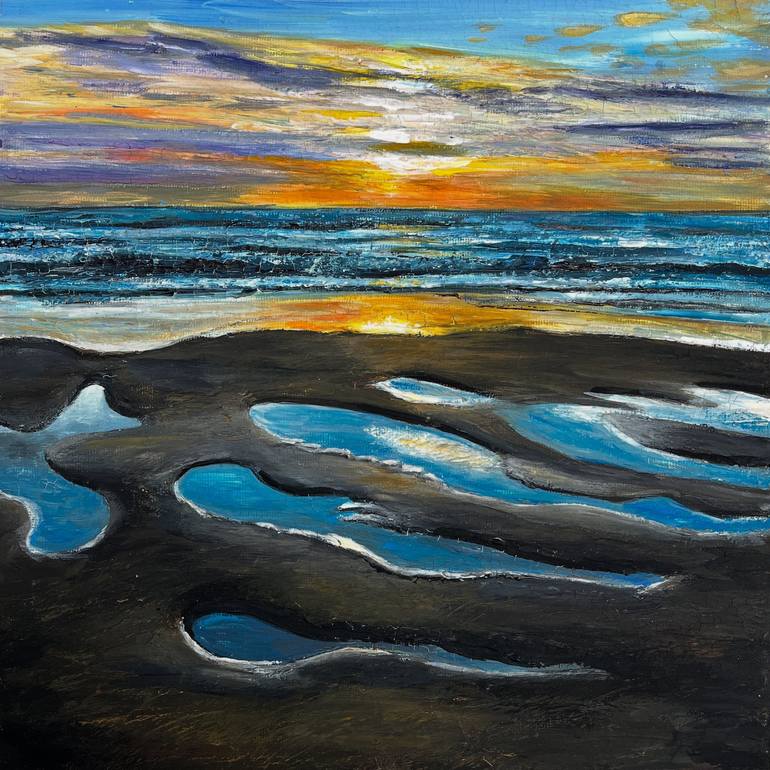 Original Seascape Painting by Bas Van Bemmel | Impressionism Art on Canvas | Sunset at North sea The Netherlands with water beach puddles