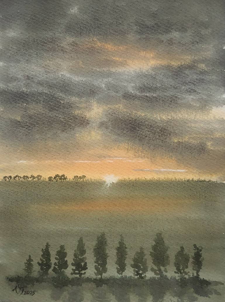 Original Landscape Painting by Victoria Tukish | Impressionism Art on Paper | Sunset In The Countryside