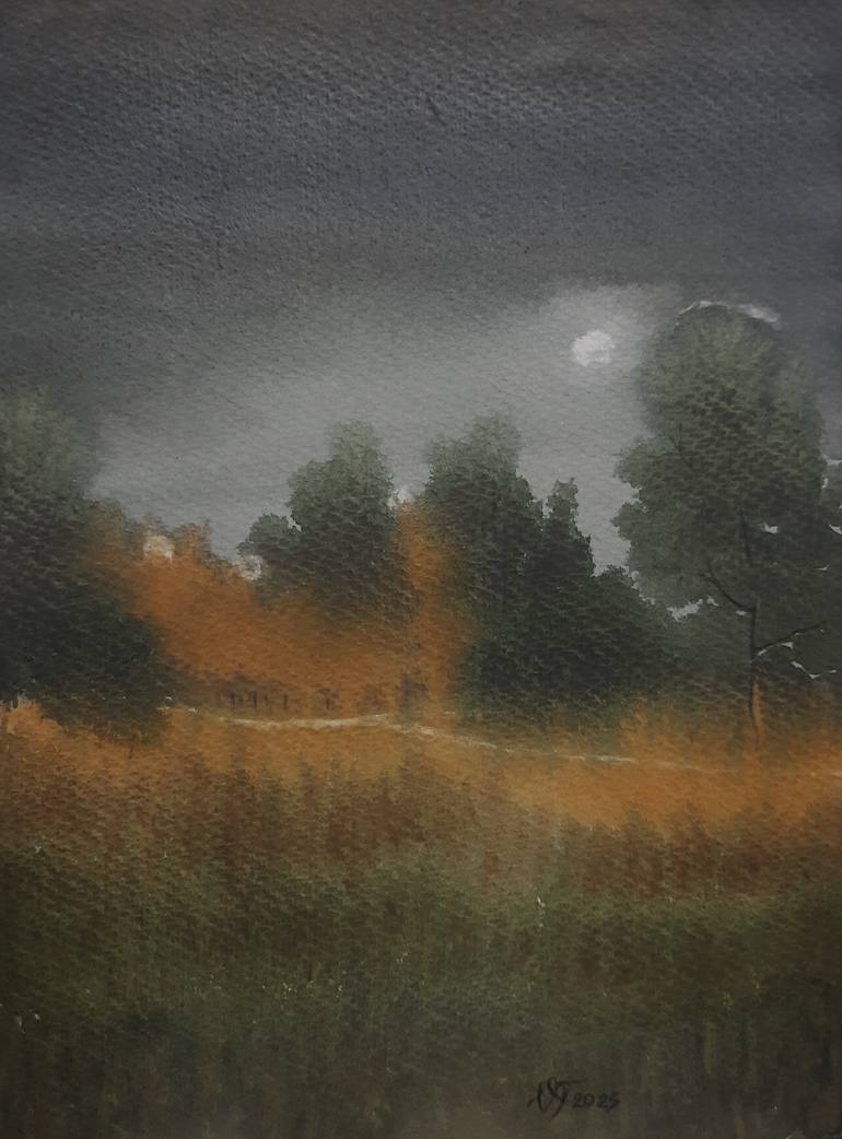 Original Landscape Painting by Victoria Tukish | Impressionism Art on Paper | Night In The Countryside