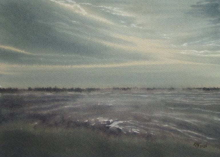 Original Landscape Painting by Victoria Tukish | Impressionism Art on Paper | Lake In The Morning