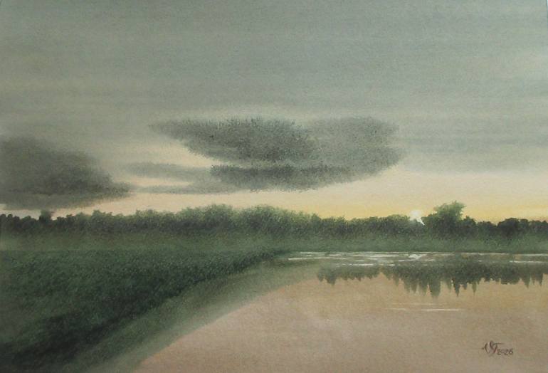 Original Landscape Painting by Victoria Tukish | Impressionism Art on Paper | Lake In The Evening