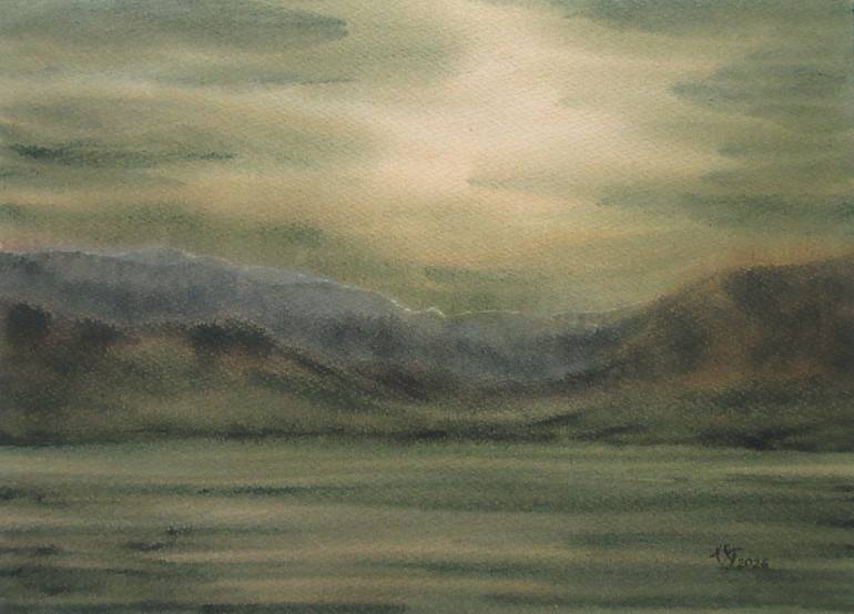 Original Landscape Painting by Victoria Tukish | Impressionism Art on Paper | Hills By The Lake