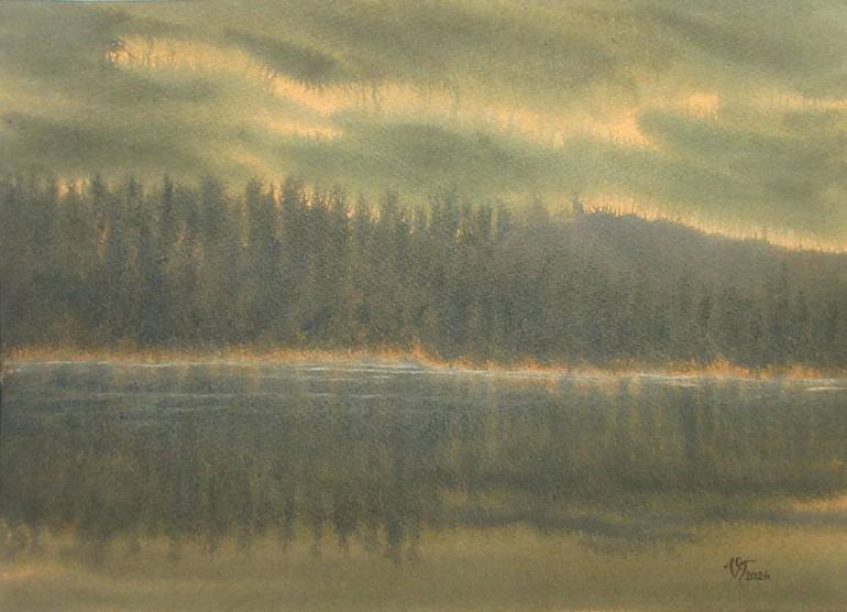 Original Landscape Painting by Victoria Tukish | Impressionism Art on Paper | Hills And Forest By The Lake