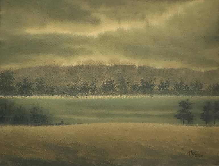 Original Landscape Painting by Victoria Tukish | Impressionism Art on Paper | Hills By The Lake 2
