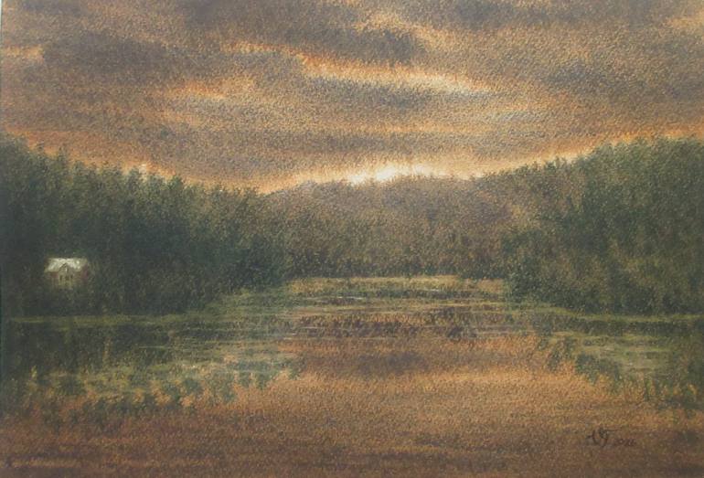 Original Landscape Painting by Victoria Tukish | Impressionism Art on Paper | House In The Forest By The Lake