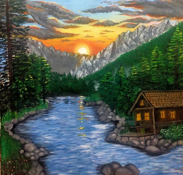 Original Landscape Painting by Kaynat Ellahi | Abstract Art on Canvas | Sun set