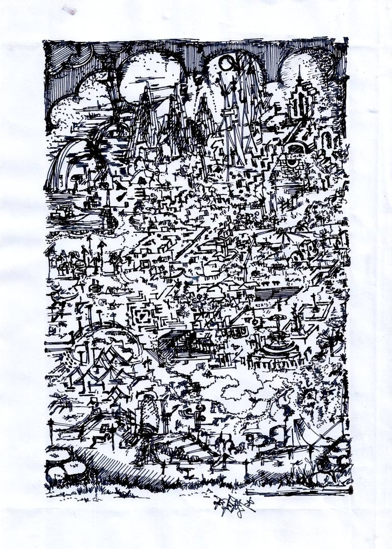 Original Abstract Cities Drawing by Danny Hussyn