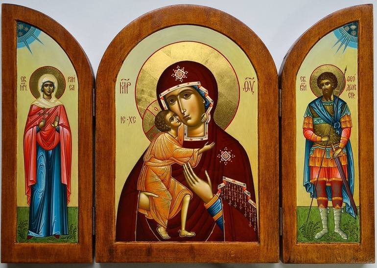 Original Religion Painting by Anna Prokopenko | Symbolism Art on Wood | The Mother Of God Feodorovskaya with selected saints