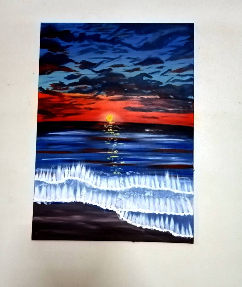 Original Seascape Painting by Art By Alaa | Realism Art on Canvas | Copy of Sunset on the Beach
