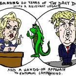 hillary clinton donald trump laughzilla thedailydose 20th anniversary editorial cartoon by Yasha Harari