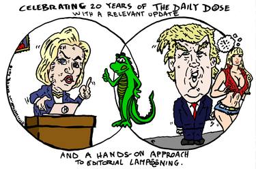 hillary clinton donald trump laughzilla thedailydose 20th anniversary editorial cartoon thumb