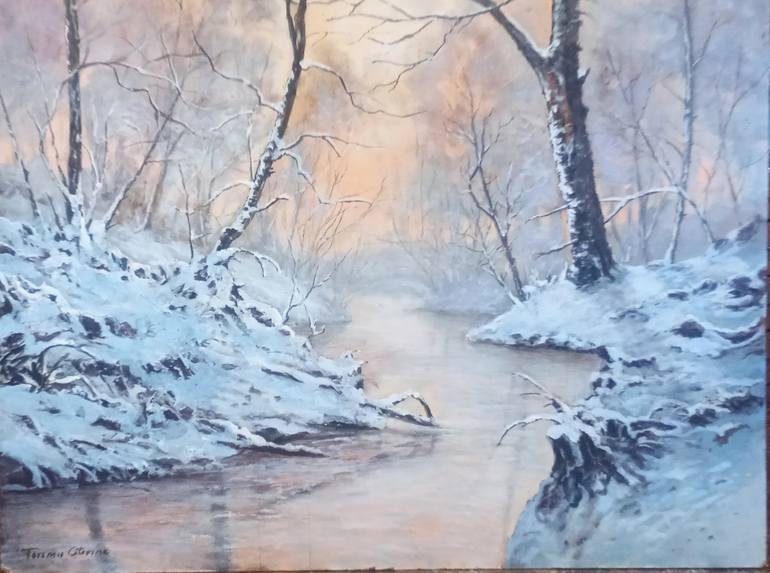 Original Landscape Painting by Terenzio Caterina | Impressionism Art on Mdf | Sunset on the snow