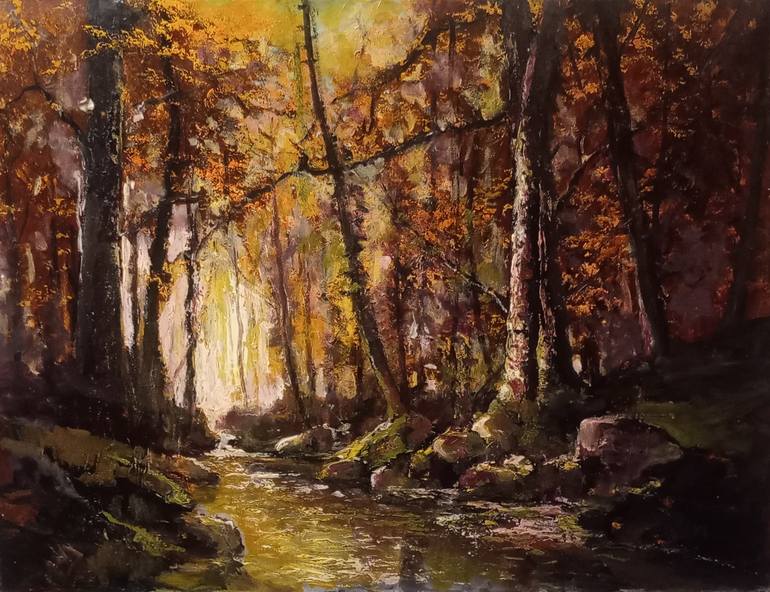 Original Landscape Painting by Terenzio Caterina | Impressionism Art on Canvas | Sunset in the forest