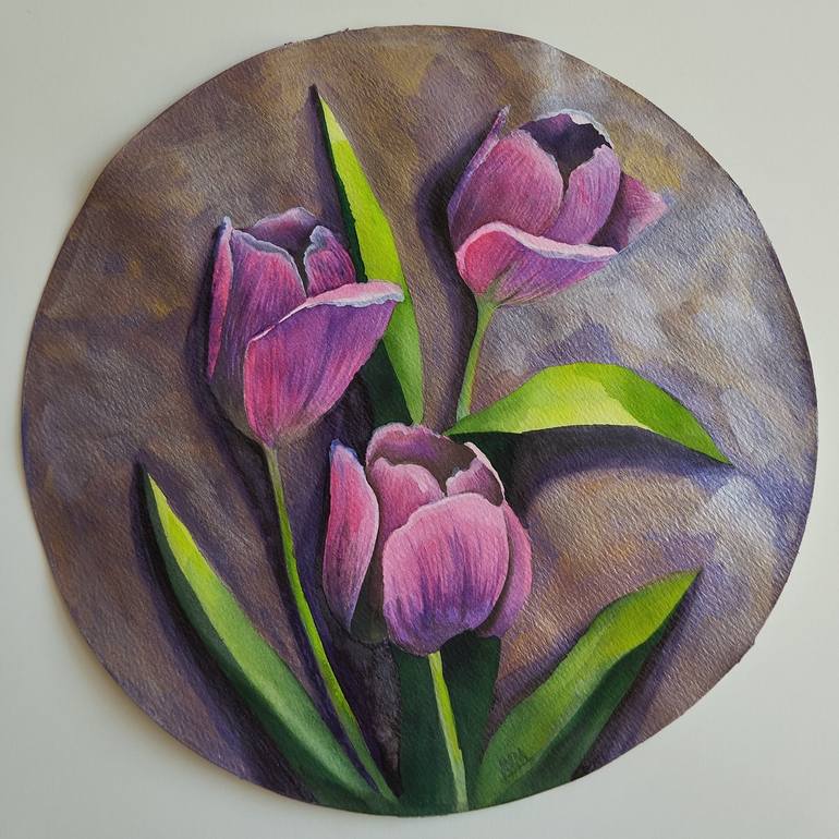 Original Floral Painting by Iuliia Andreeva | Figurative Art on Paper | Pink tulips