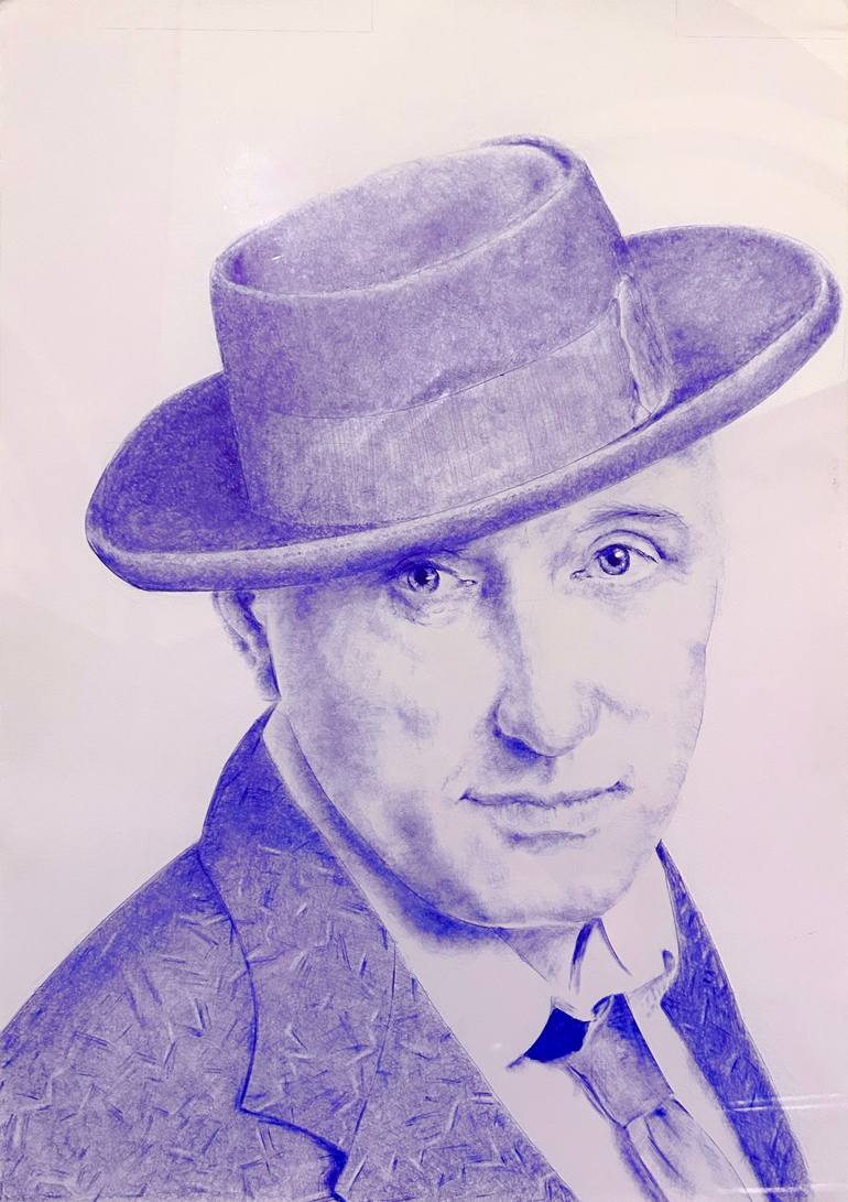 Original Pop Culture/Celebrity Drawing by James Gardiner | Portraiture Art on Paper | Jah Wobble blue ballpoint Bicture
