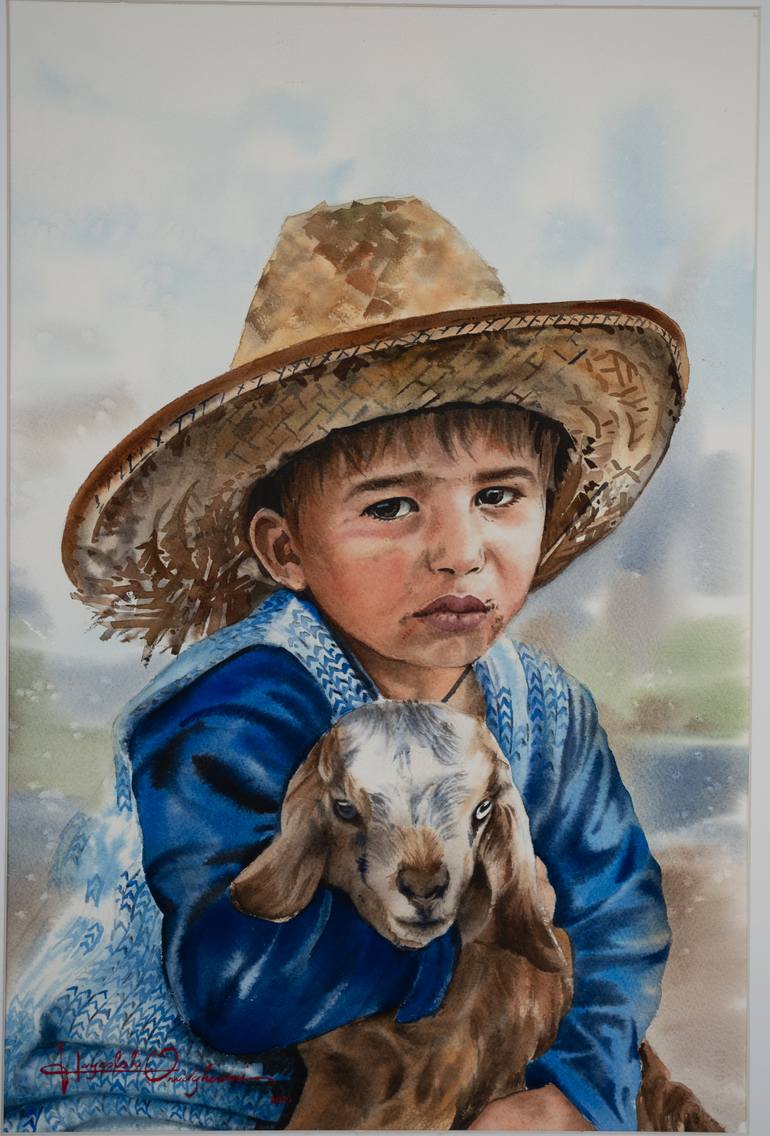 Original People Painting by Hayedeh Omidghaemi | Figurative Art on Paper | The Little Shepherd -- Longing