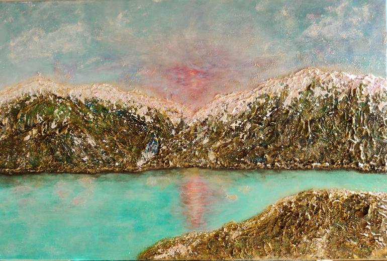 Original Landscape Painting by Natalia Kison | Conceptual Art on Canvas | Crater Lake: The Red Echo