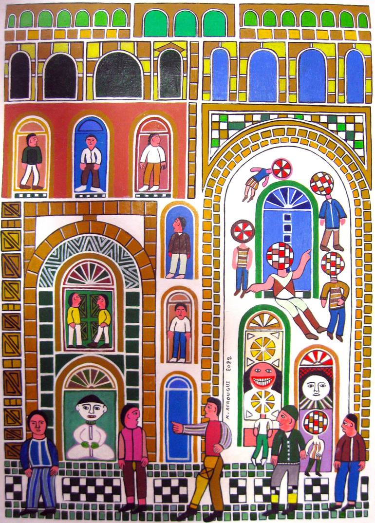 Original Architecture Painting by Moustapha El Afrougui | Contemporary Art on Canvas | Figures in Motion and Architecture