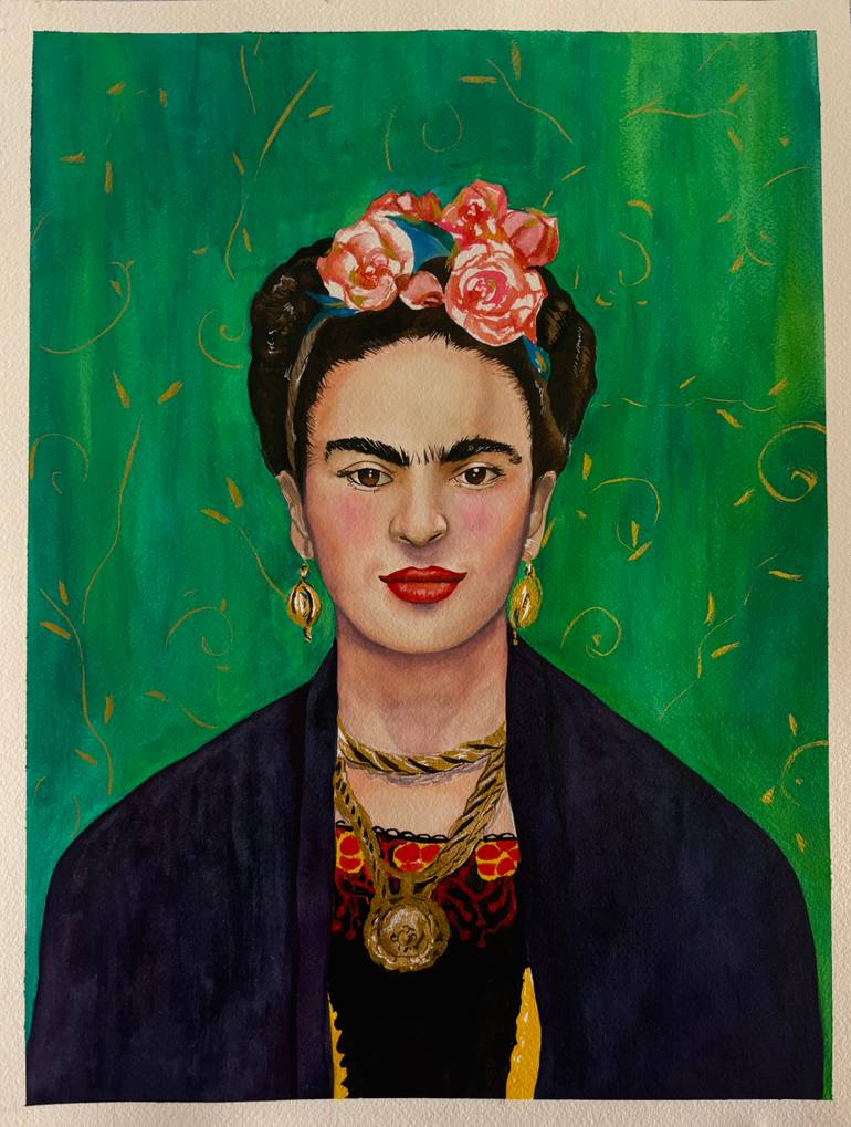 Original Famous Painting by Nelly Flores  Portraiture Art on Paper  Frida kahlo Portrait