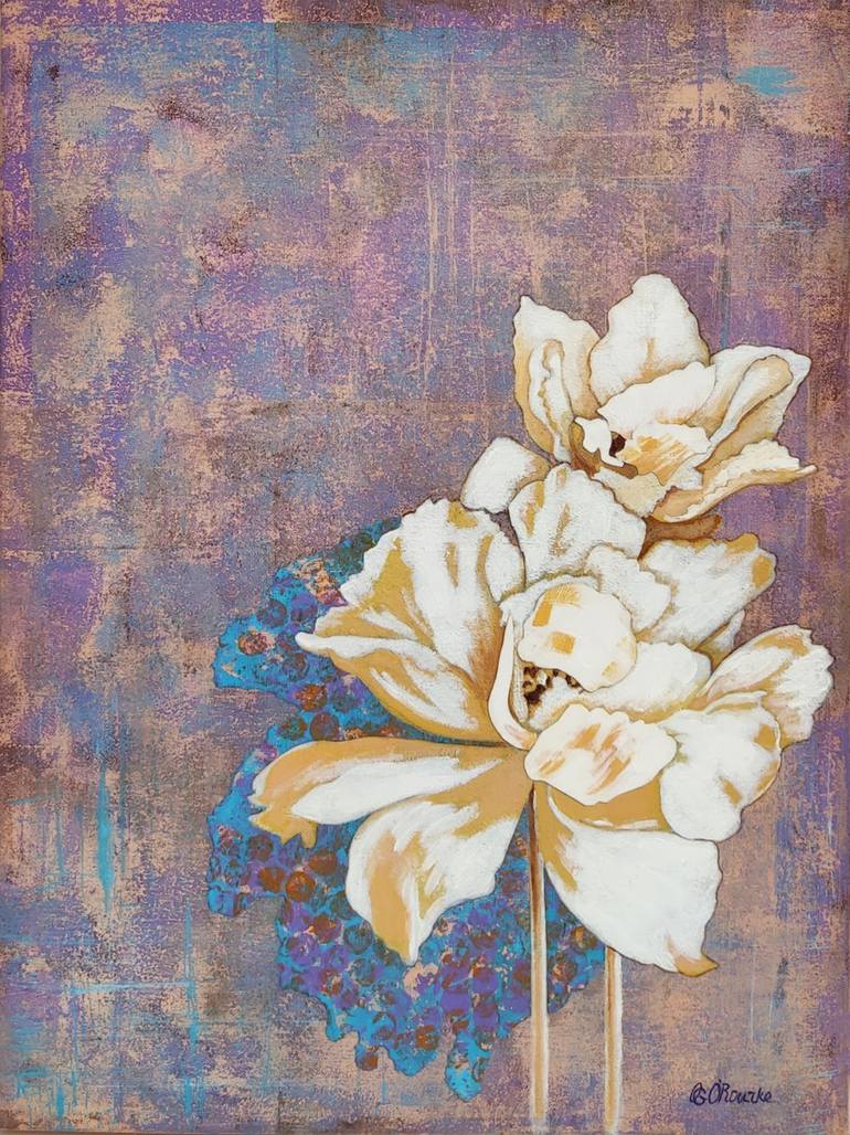 Original Floral Mixed Media by Olga O'rourke | Abstract Art on Canvas | White Tulips On Lilac And Pink