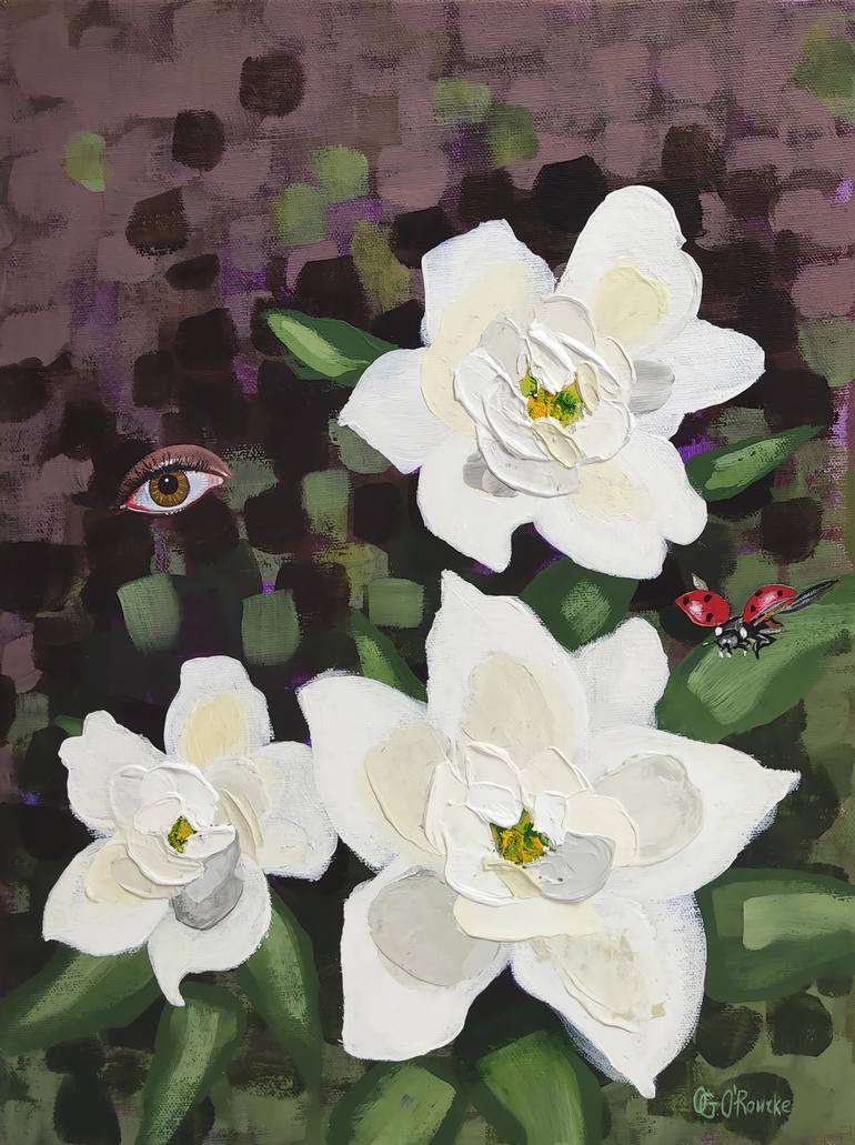 Original Floral Painting by Olga O'rourke | Contemporary Art on Canvas | White tulips on brown and green