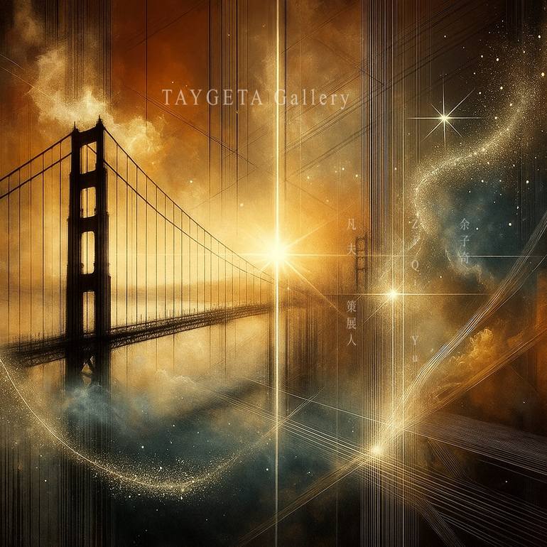 Original Architecture Digital by Ziqi Yu | Abstract Expressionism Art on Paper | Dust and Light: The Golden Gate in Memory I