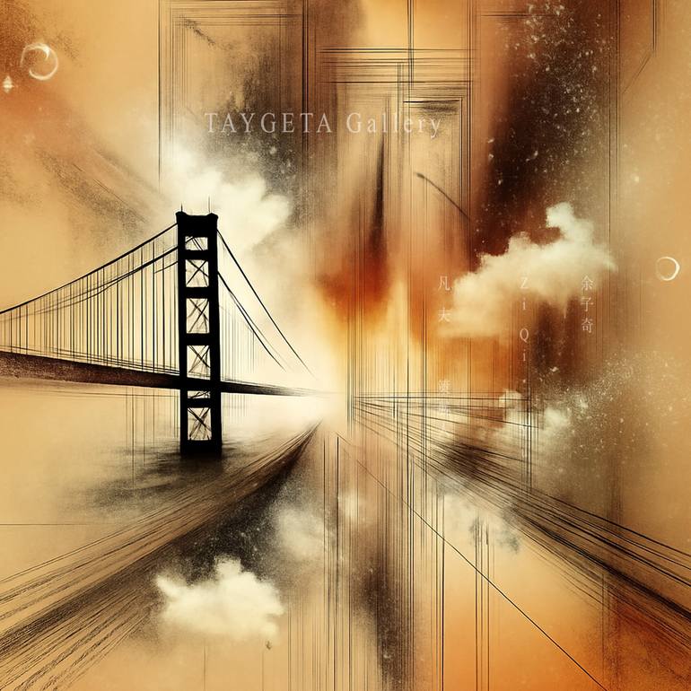 Original Architecture Digital by Ziqi Yu | Abstract Expressionism Art on Paper | Dust and Light: The Golden Gate in Memory II