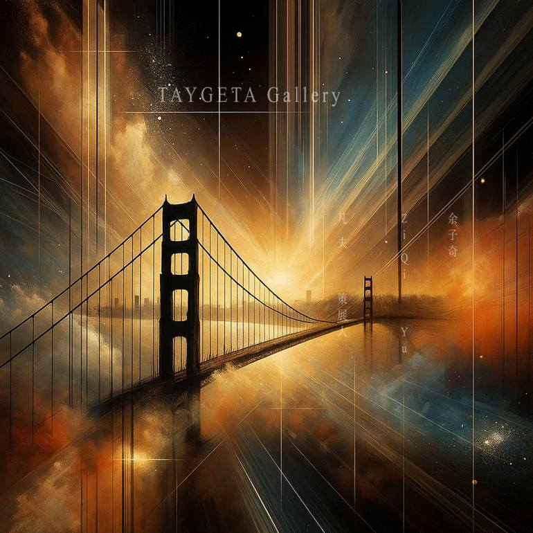 Original Architecture Digital by Ziqi Yu | Abstract Expressionism Art on Paper | Dust and Light: The Golden Gate in Memory V