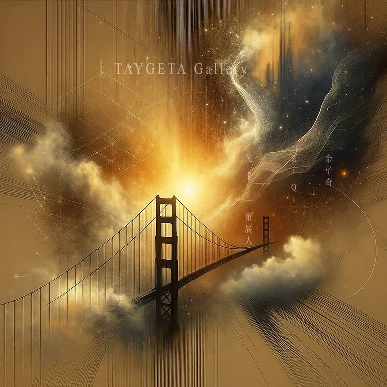 Original Architecture Digital by Ziqi Yu | Abstract Expressionism Art on Paper | Dust and Light: The Golden Gate in Memory VII