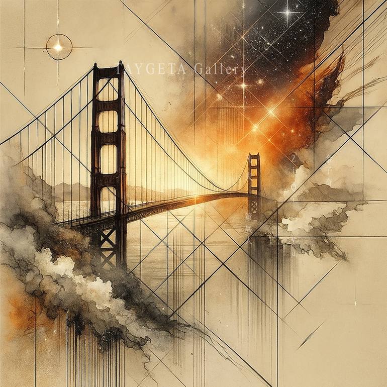 Original Architecture Digital by Ziqi Yu | Abstract Expressionism Art on Paper | Dust and Light: The Golden Gate in Memory VIII