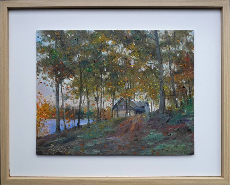 Original Nature Painting by Haijian Wei | Contemporary Art on Canvas | Cabin by the Lakeside Trail
