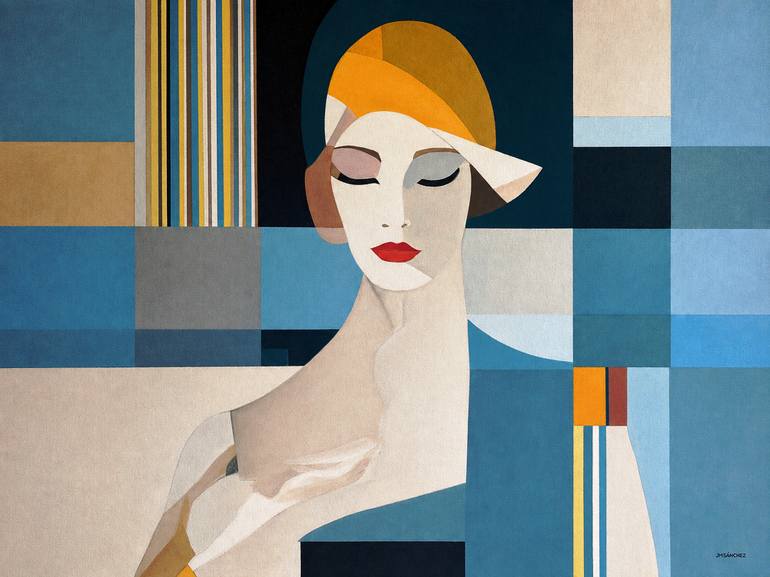 Original Women Painting by Juan M Sanchez R | Contemporary Art on Canvas | Geometric Art Deco Woman with a Yellow Cloche Hat