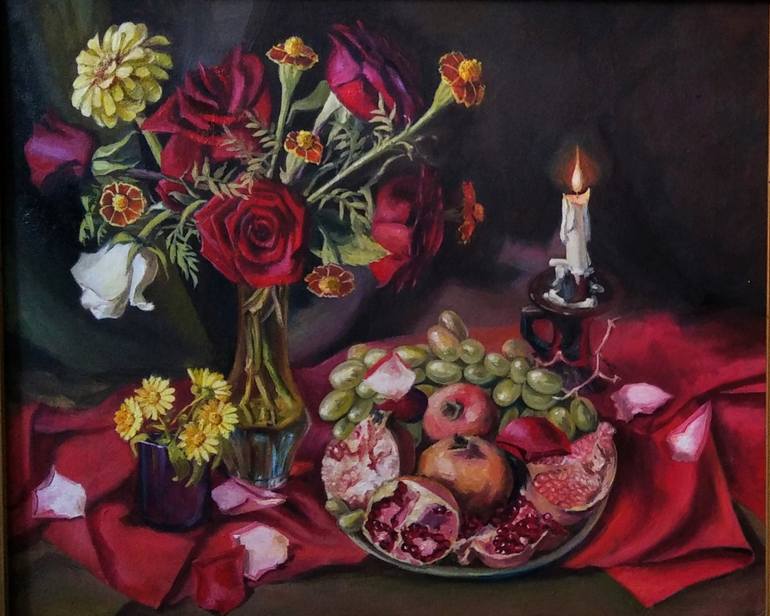 Original Still Life Painting by Olga Sunchali | Classicism Art on Canvas | Red Roses and Pomegranates
