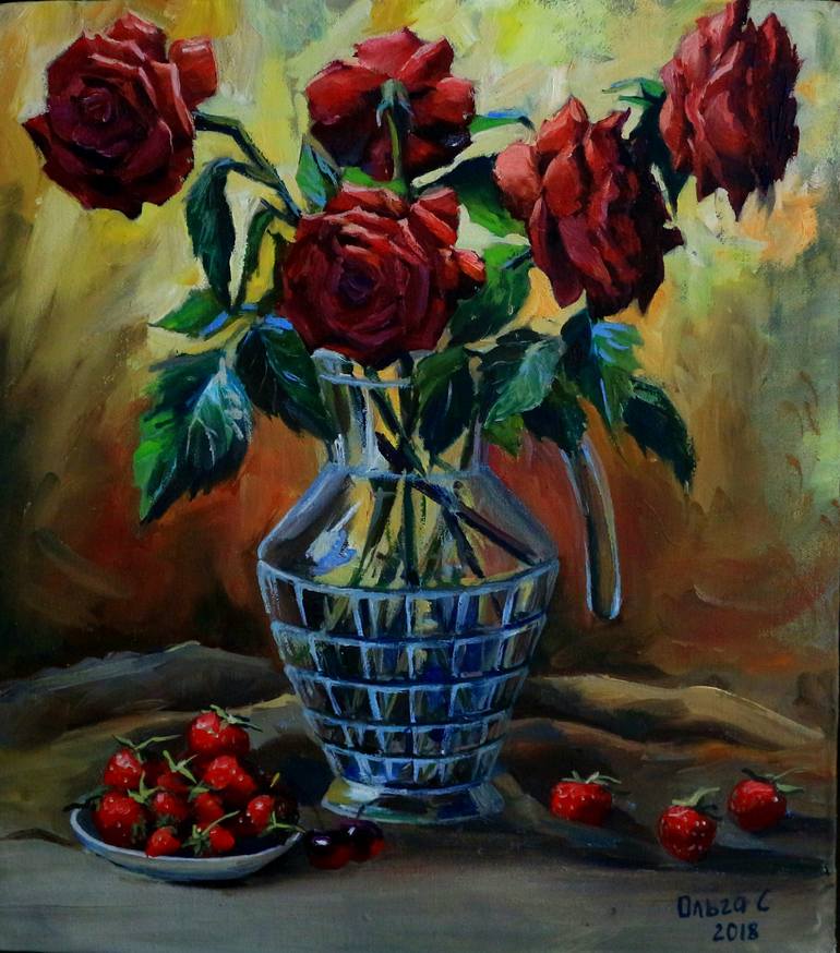 Original Floral Painting by Olga Sunchali | Expressionism Art on Canvas | Red Roses and Strawberries