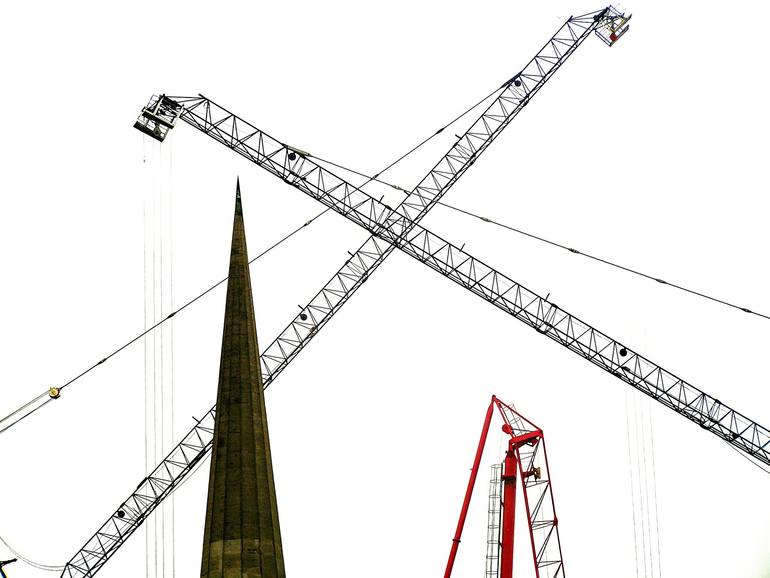 Original Architecture Photography by Eugene Gorny | Geometric Art on Paper | Spire and Cranes