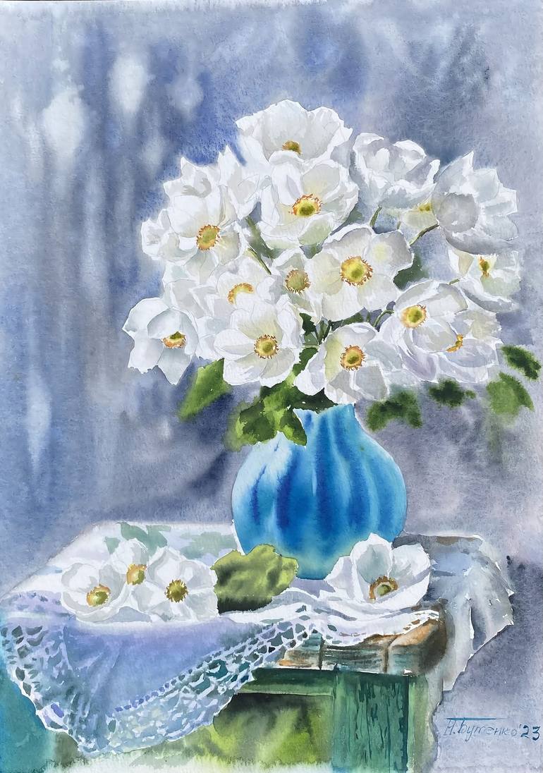 Original Still Life Painting by Natalia Butenko | Illustration Art on Paper | Bouquet of white flowers, watercolor on paper