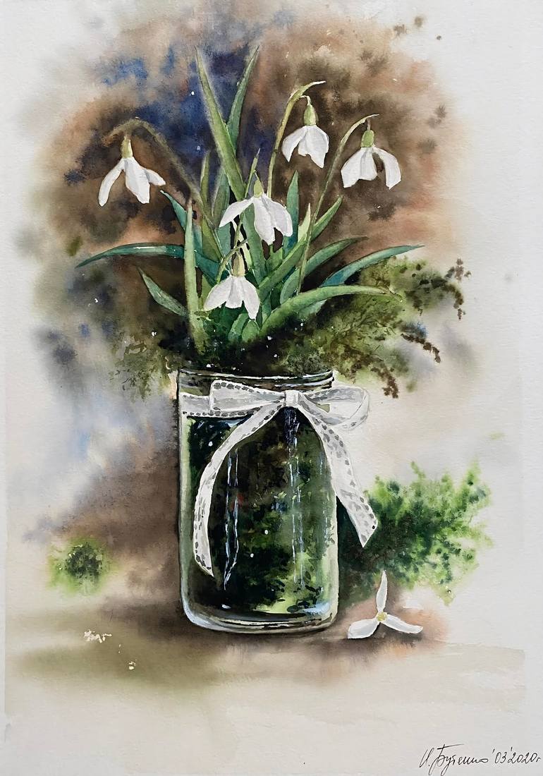 Original Floral Painting by Natalia Butenko  Illustration Art on Paper  Snowdrops original watercolor painting
