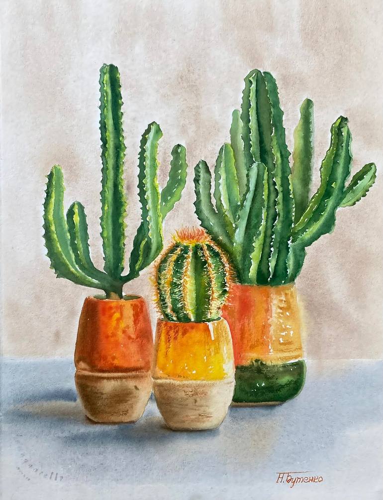 Original Floral Painting by Natalia Butenko  Illustration Art on Paper  Three prickly friends original watercolour painting
