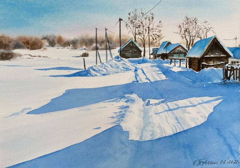 Original Landscape Painting by Natalia Butenko  Illustration Art on Paper  Winter morning original watercolour painting