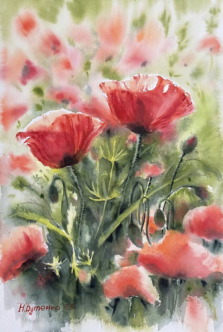 Original Floral Painting by Natalia Butenko  Illustration Art on Paper  Poppies original watercolour painting