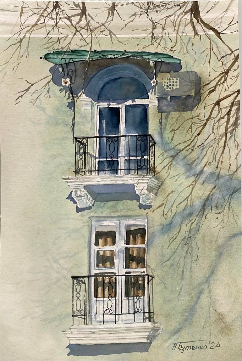 Original Architecture Painting by Natalia Butenko  Illustration Art on Paper  Emerald canopies  original watercolour painting