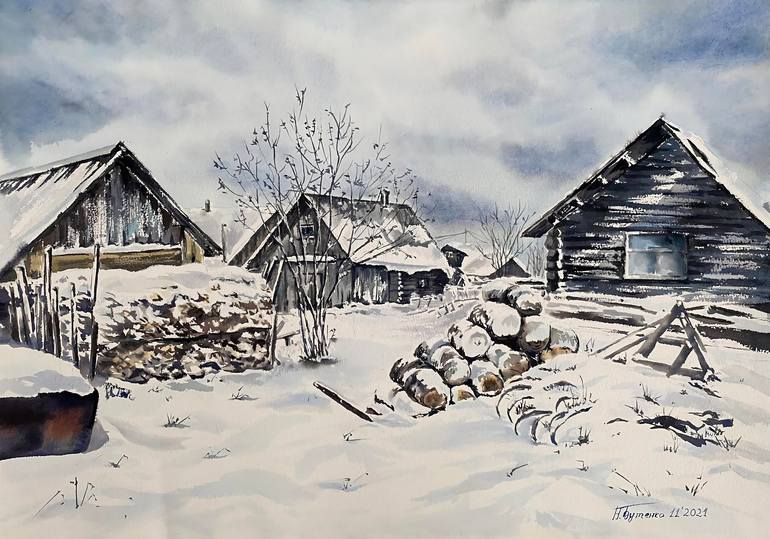 Original Landscape Painting by Natalia Butenko  Illustration Art on Paper  Ready for winter original watercolour painting
