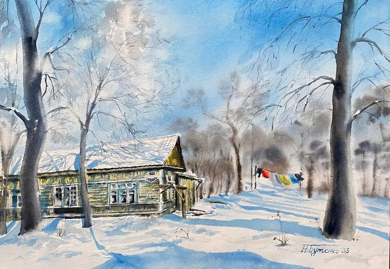 Original Landscape Painting by Natalia Butenko  Illustration Art on Paper  Winter washday original watercolour painting
