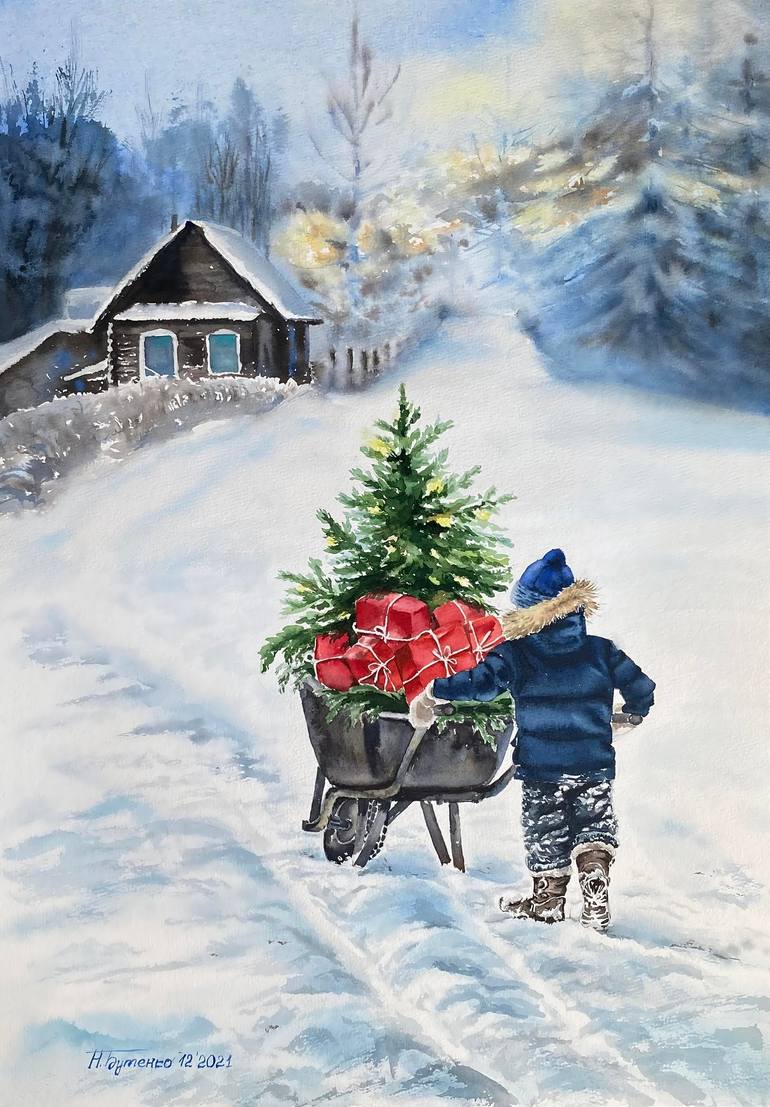 Original Fantasy Painting by Natalia Butenko  Illustration Art on Paper  Christmas is coming original watercolour painting