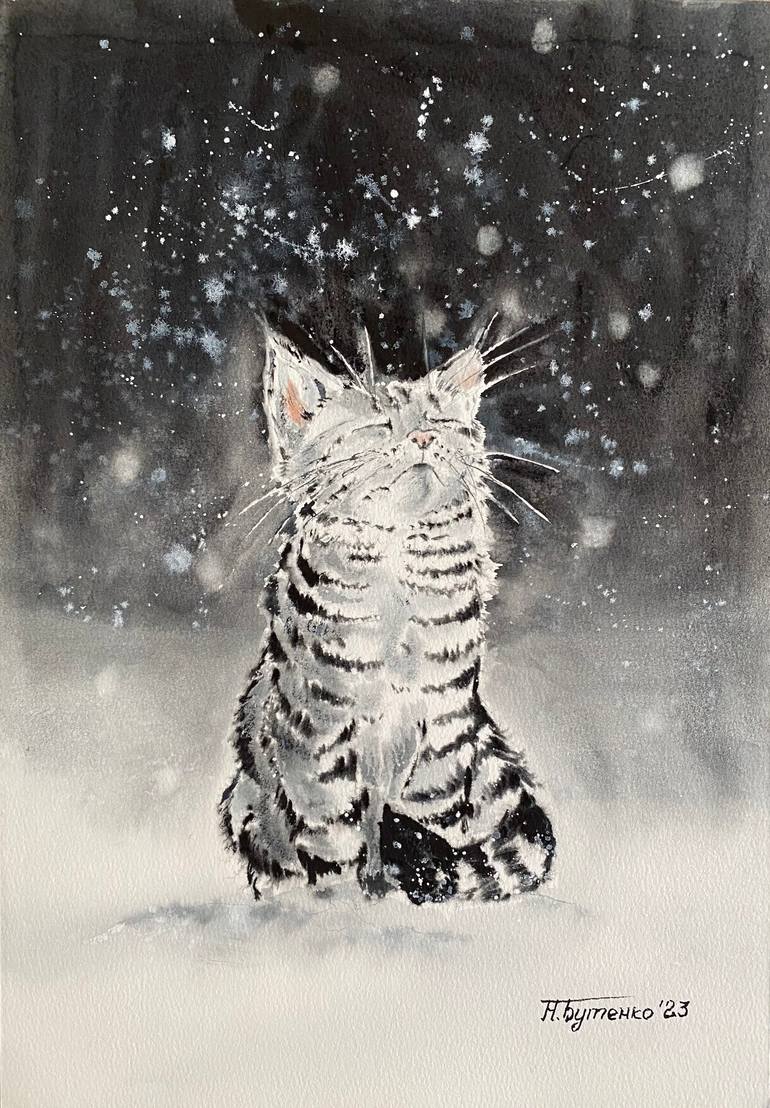 Original Animal Painting by Natalia Butenko | Illustration Art on Paper | The magic of the first snow, original watercolour painting