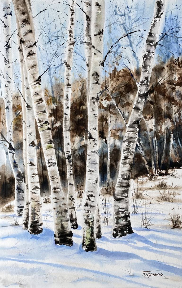 Original Landscape Painting by Natalia Butenko  Illustration Art on Paper  Birch family original watercolour painting